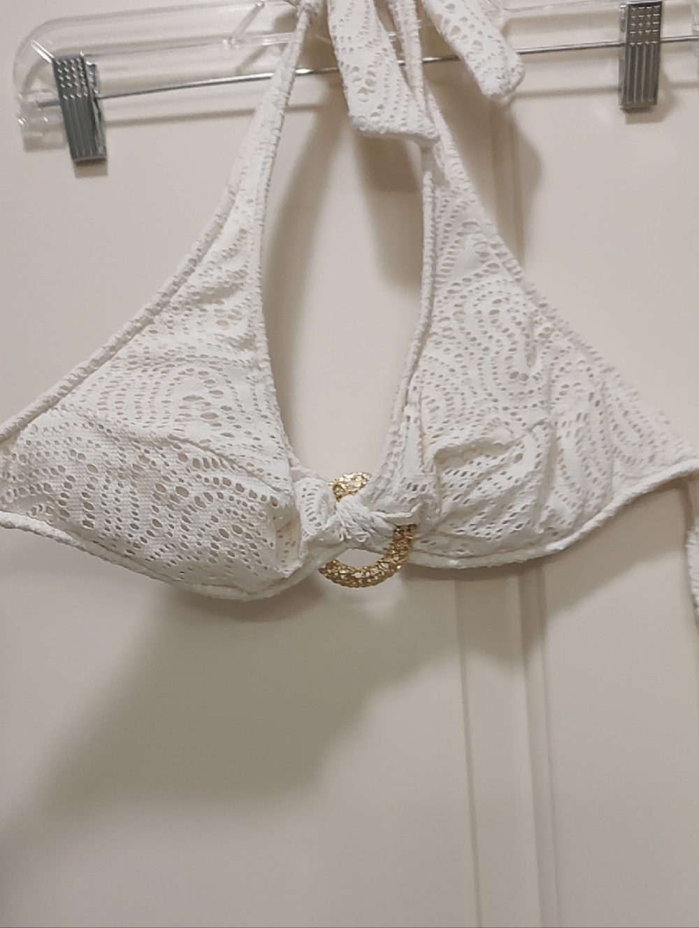 Trina Turk White Lace Halter Bikini Top with Gold Ring Accent